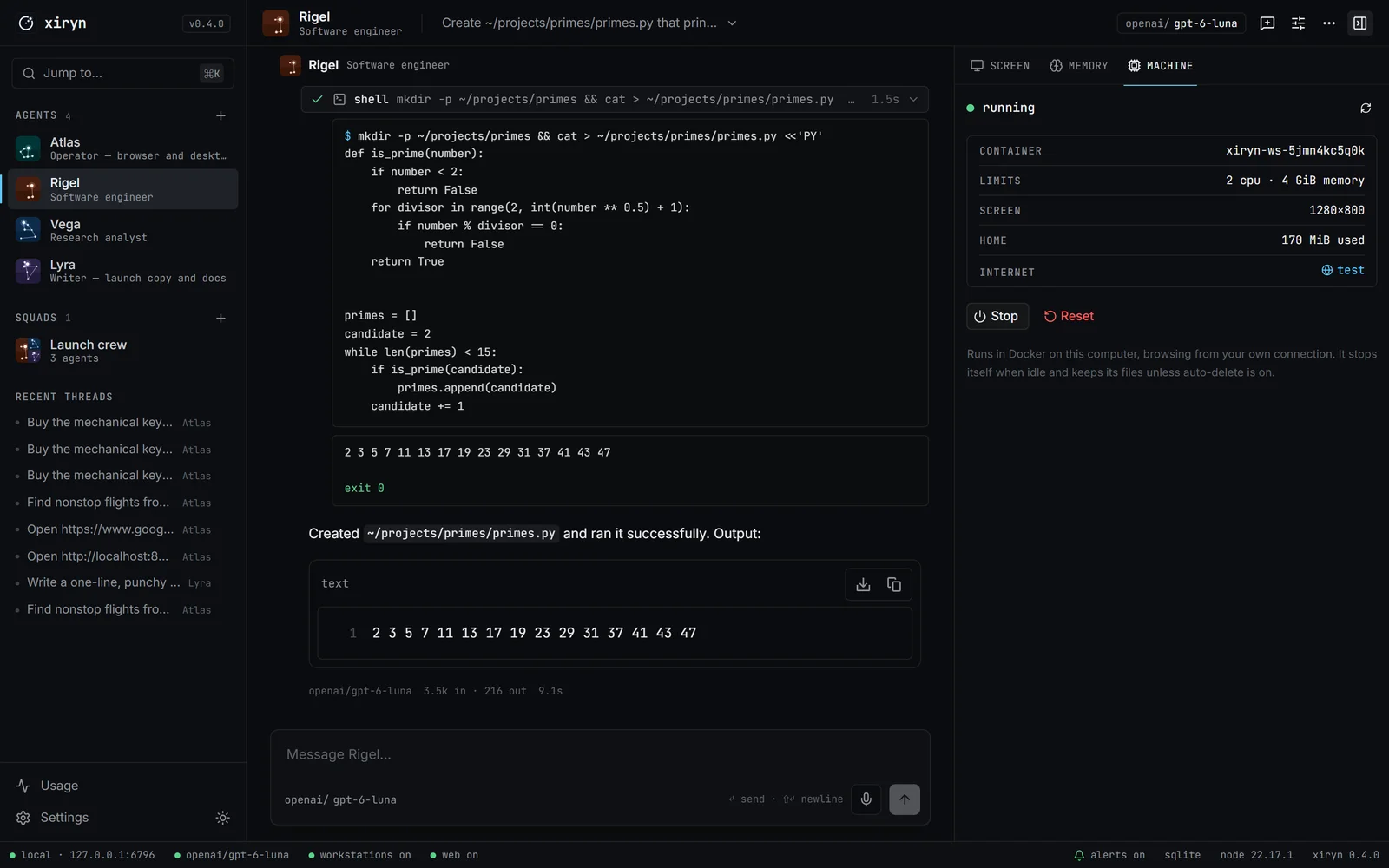 An engineer agent runs a Python script; the Machine tab shows its Docker workstation
