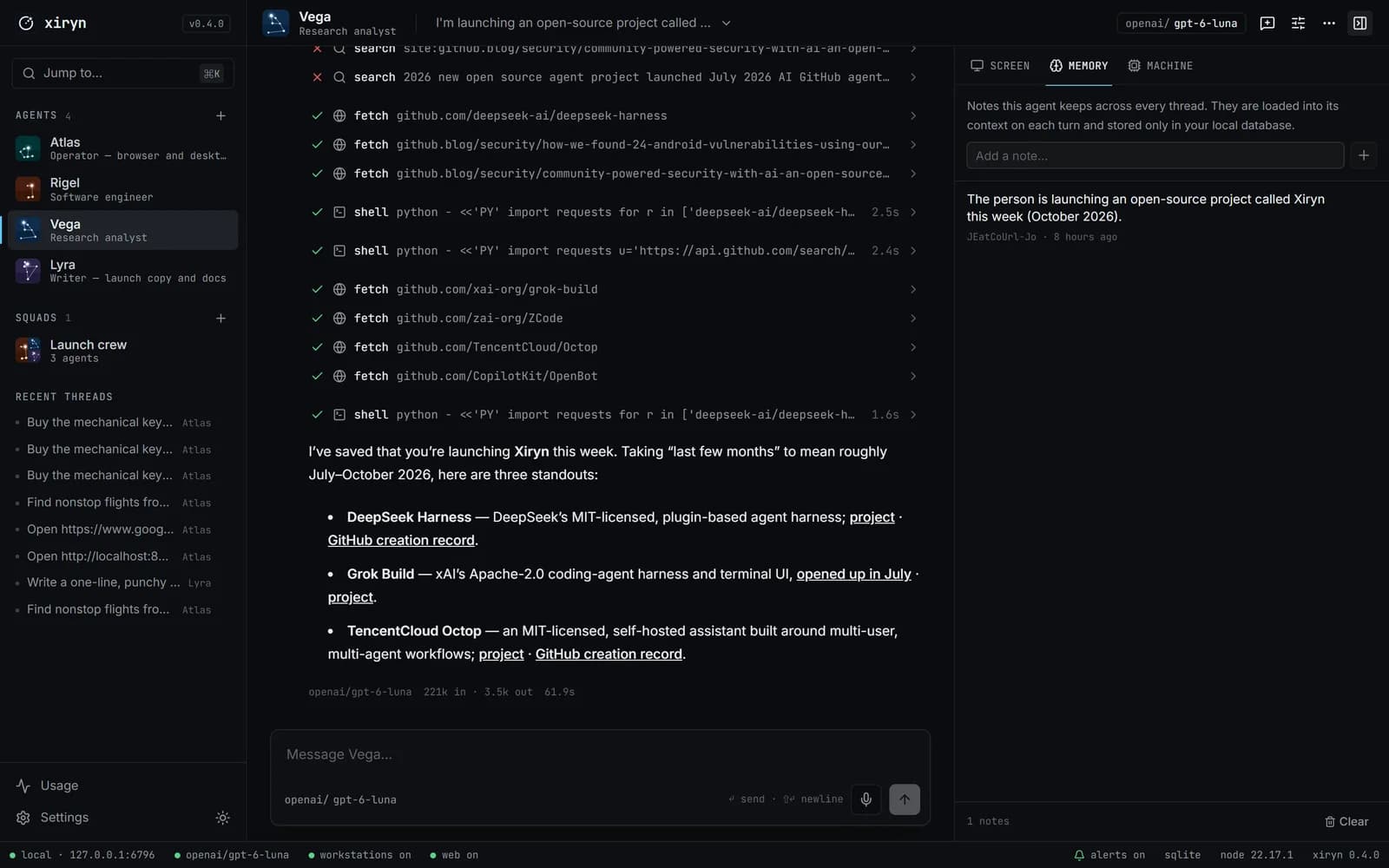 A research answer with cited sources and the agent's memory panel
