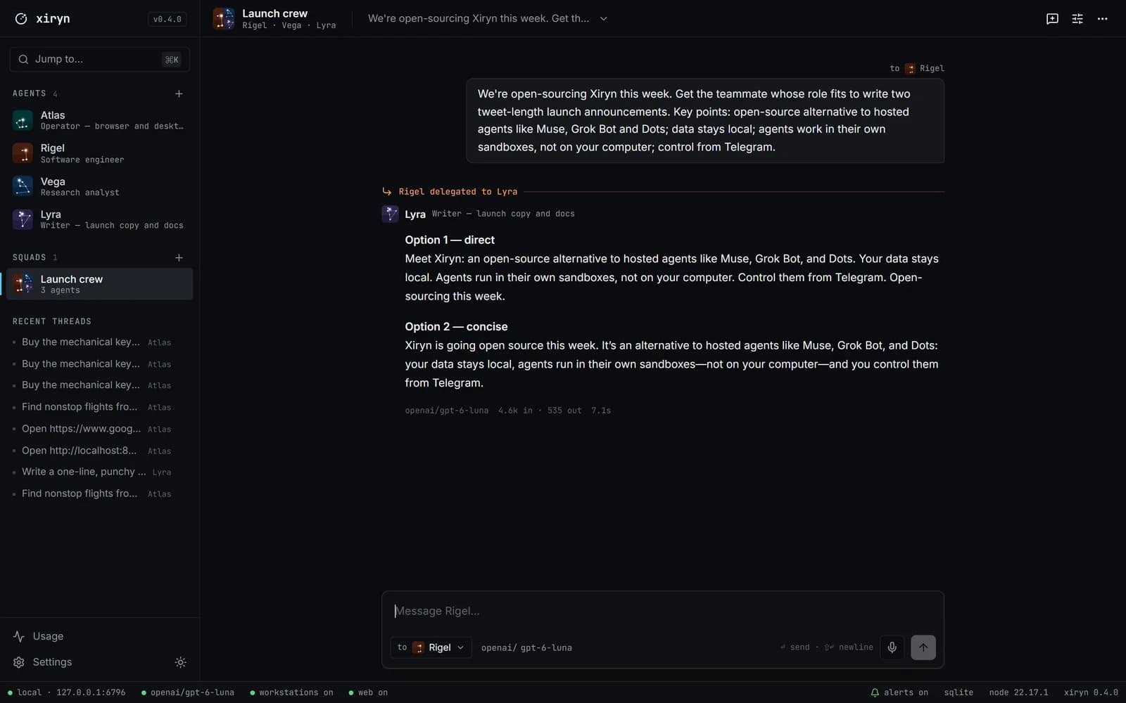 A squad thread: the engineer delegates a writing task to the writer agent